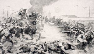 Le capitaine F.O. Grenfell, VC, menant la charge des 9e Lanciers pour reprendre les canons capturés près de Doubon, 24 août 1914, de 